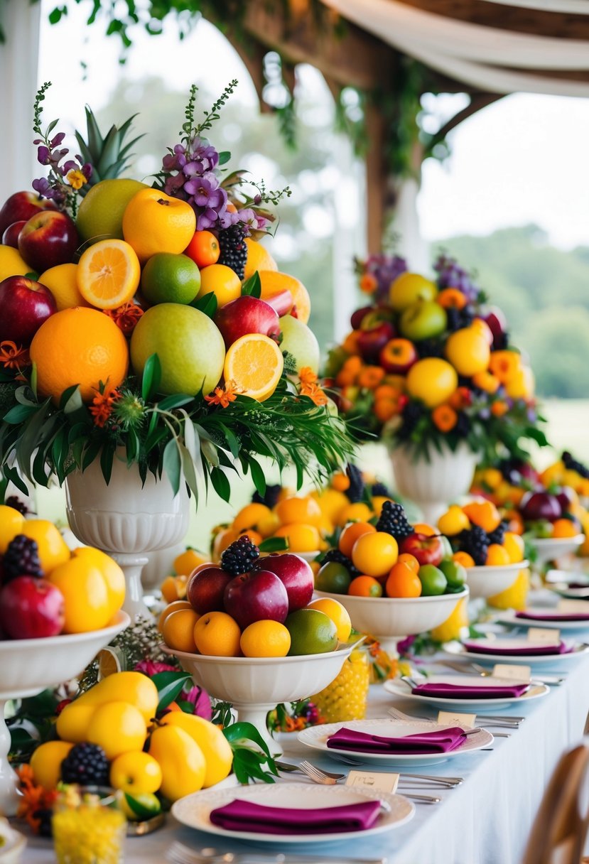 Lush compotes overflow with vibrant seasonal fruits, creating a unique and colorful wedding table decoration