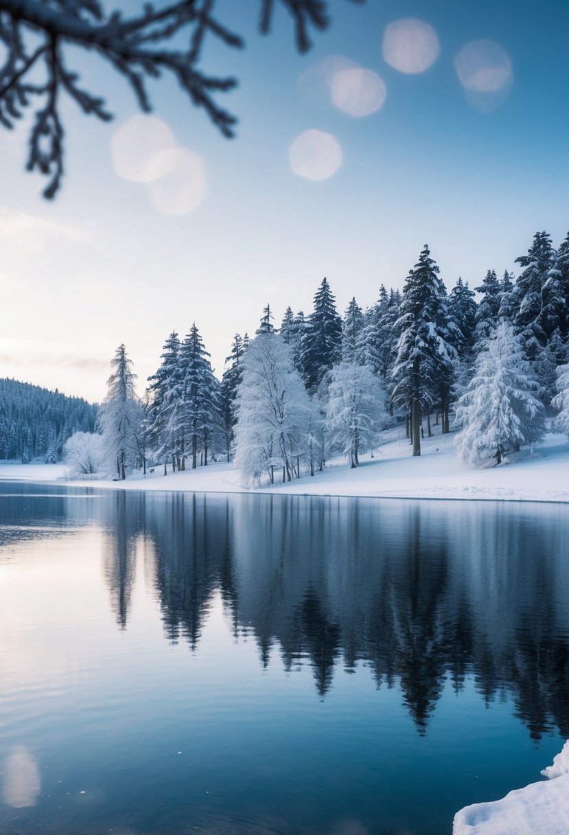 A serene winter landscape with dark blue and silver accents. Snow-covered trees and a calm, icy lake reflect the peaceful tranquility of the season