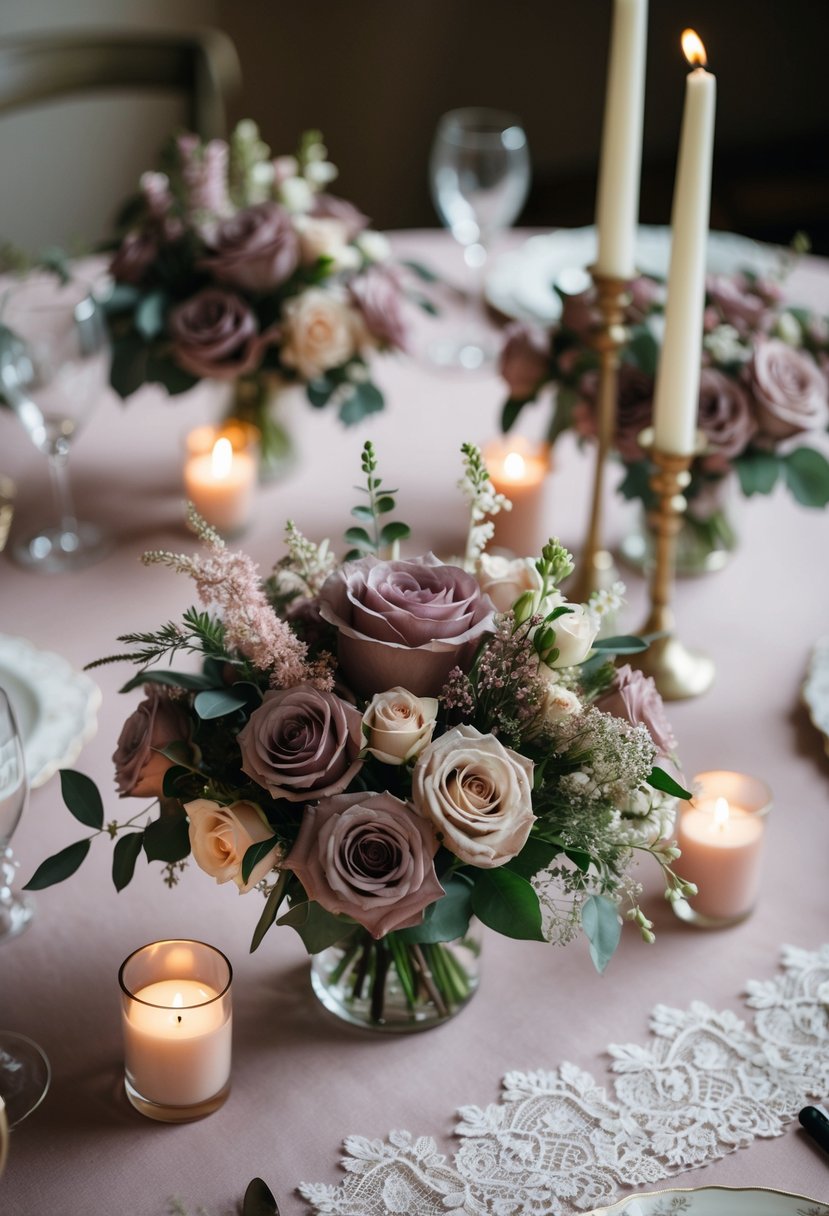 A romantic wedding scene with dusty rose and mauve floral arrangements, soft candlelight, and delicate lace accents