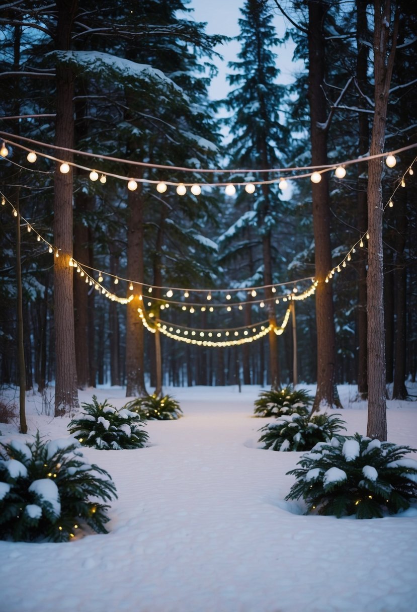 A cozy forest clearing with lilac and forest green accents, adorned with twinkling lights and snow-covered trees