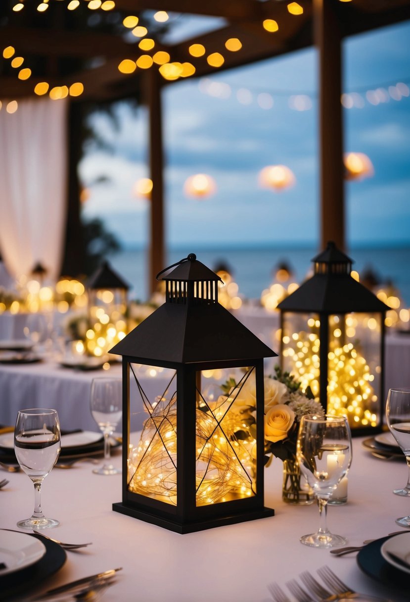 A table adorned with lanterns filled with fairy lights, creating a magical and unique wedding decoration