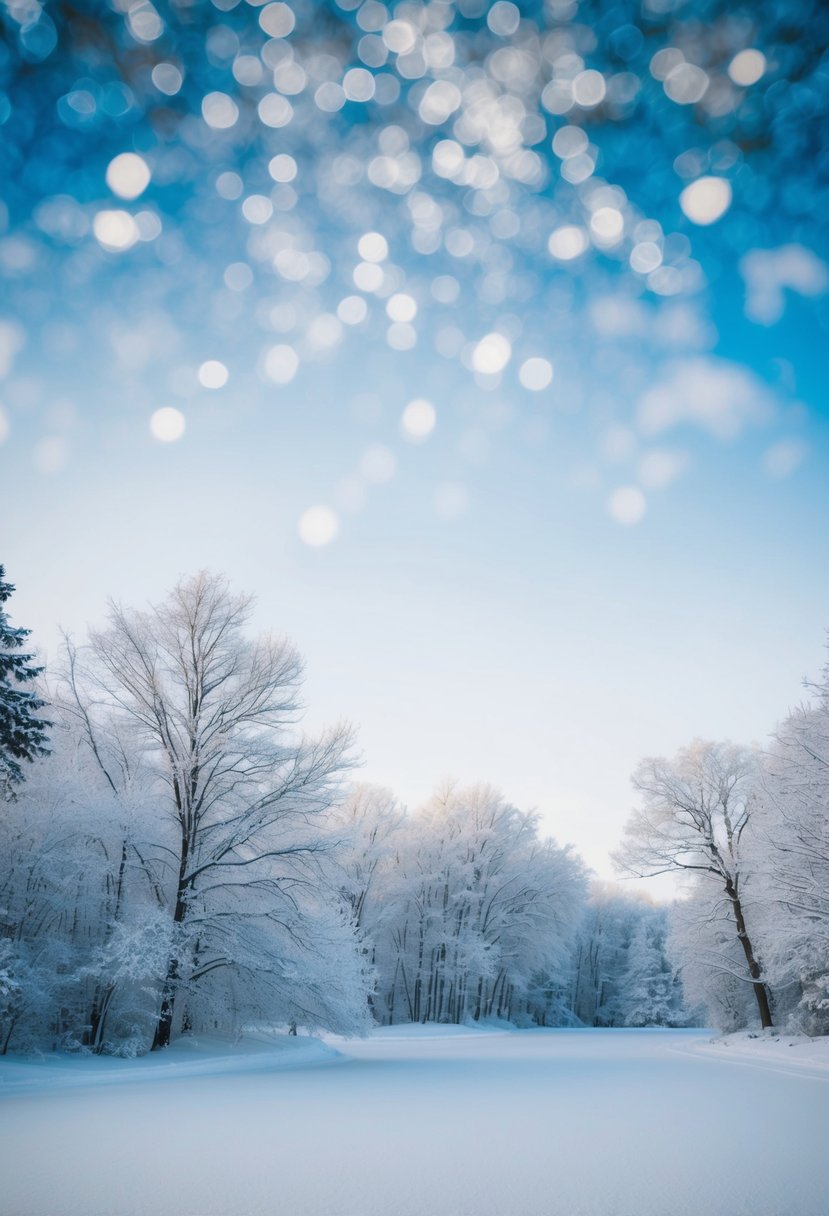 A serene winter landscape with icy blue and crystal grey accents, featuring snow-covered trees and a frosty, shimmering sky