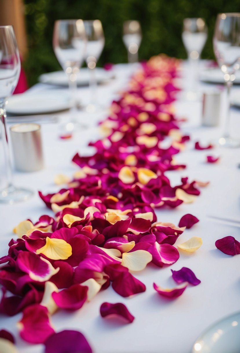 Vibrant flower petals scattered across tables, adding a personalized touch to the wedding decor