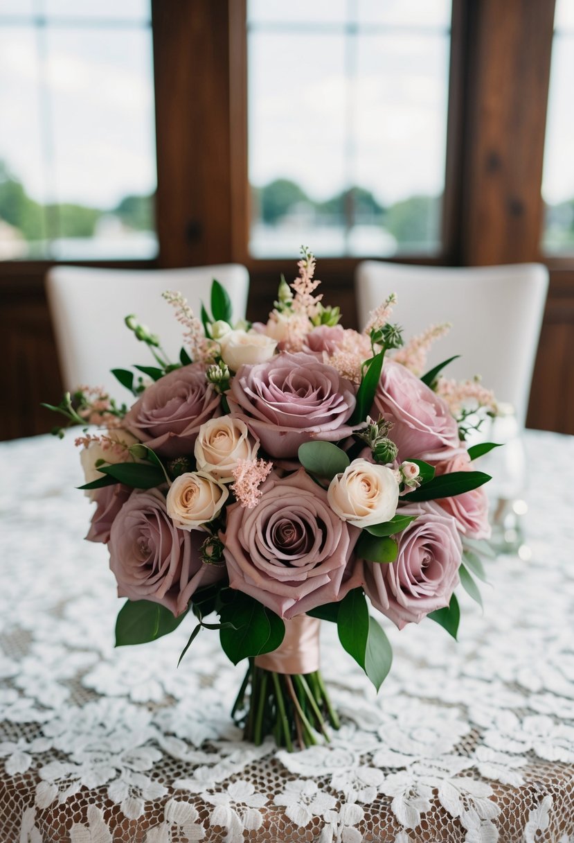 A mauve wedding bouquet with blush accents rests on a lace tablecloth