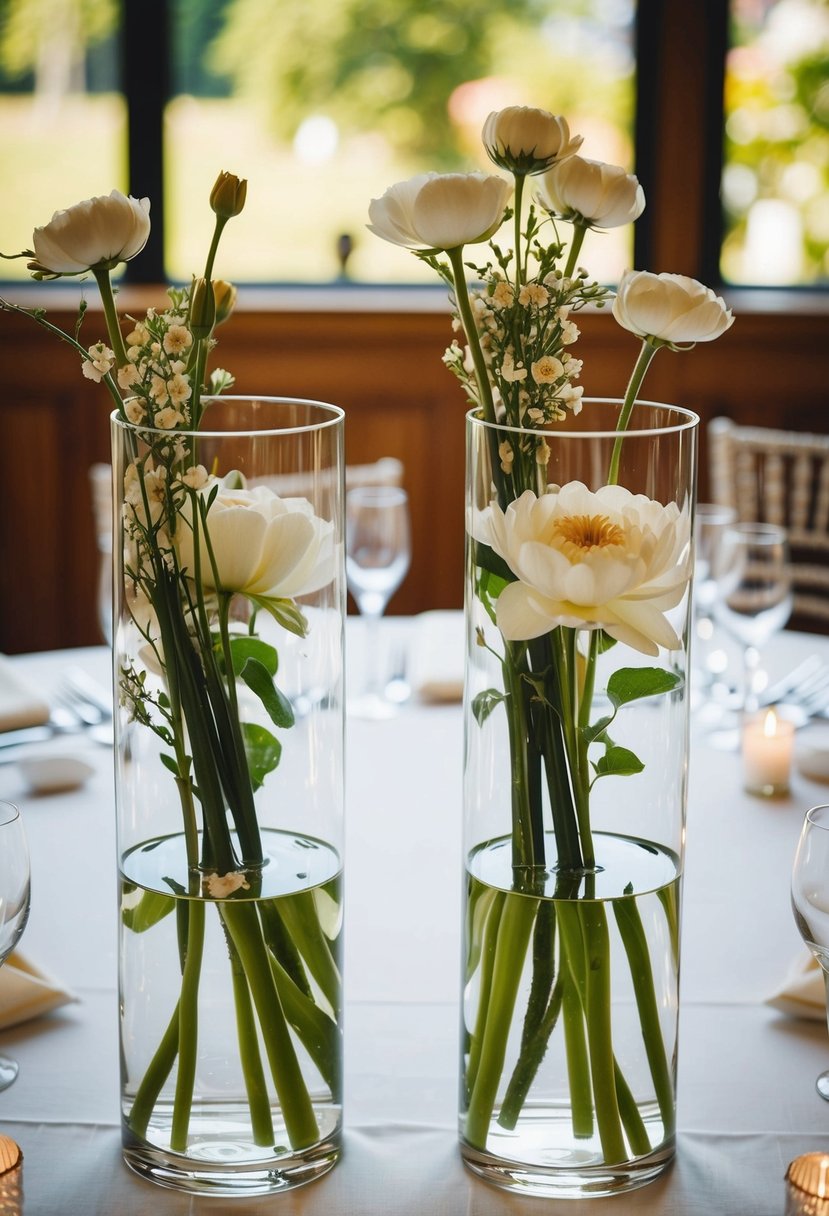 Tall vases hold submerged flowers on a wedding table