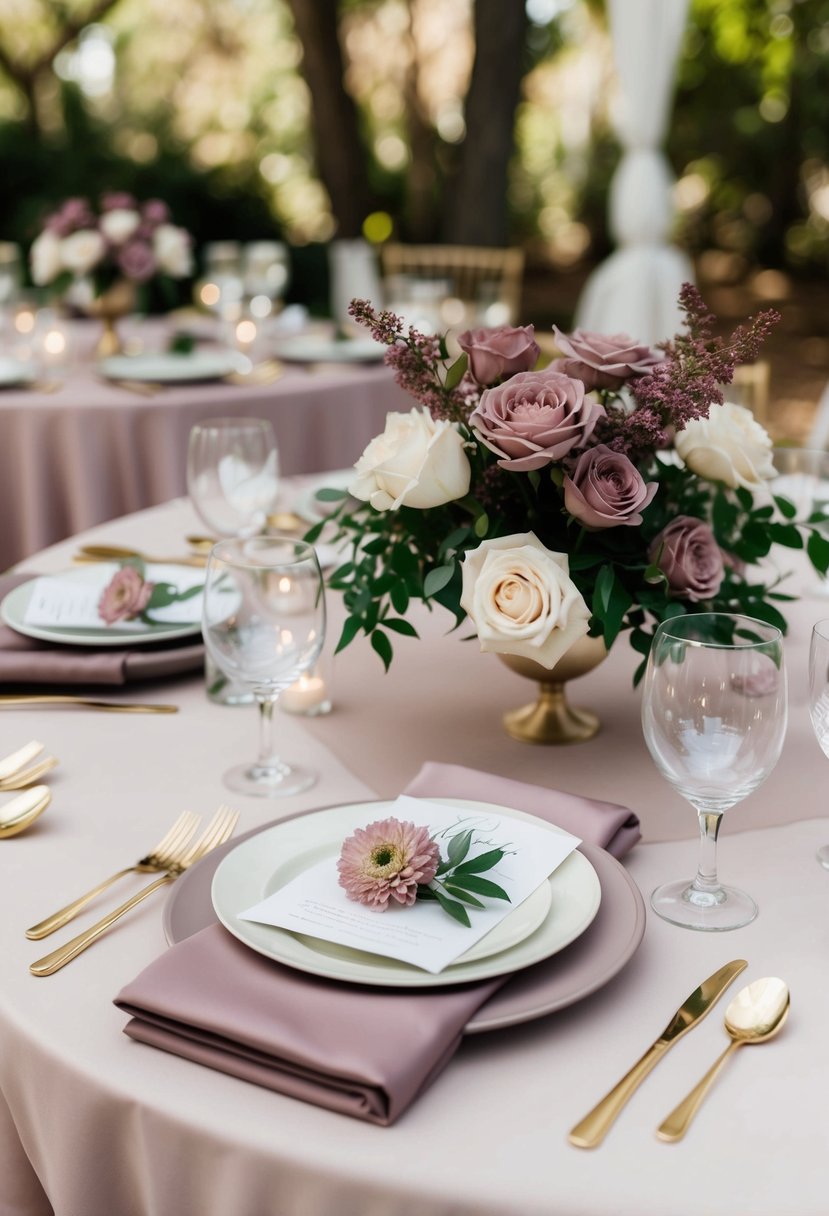 A romantic wedding table set with mauve linens, ivory place settings, and fresh mauve flowers in a soft, enchanting color palette