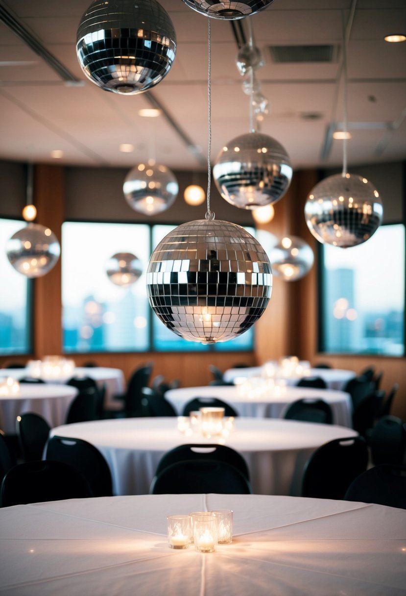 Disco balls suspended over tables, casting shimmering light across the room