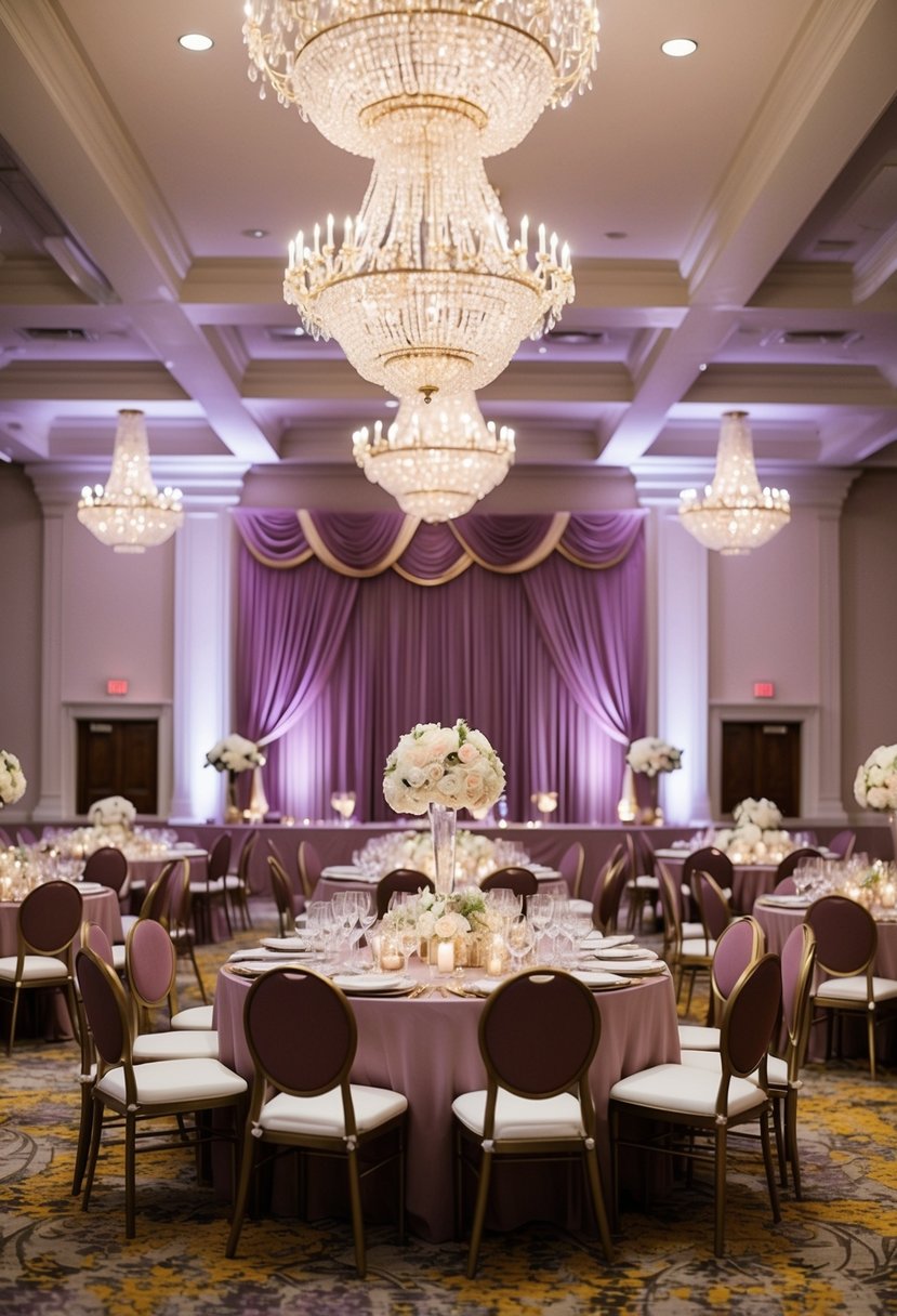 A grand ballroom adorned in sophisticated mauve and gold decor for a wedding celebration