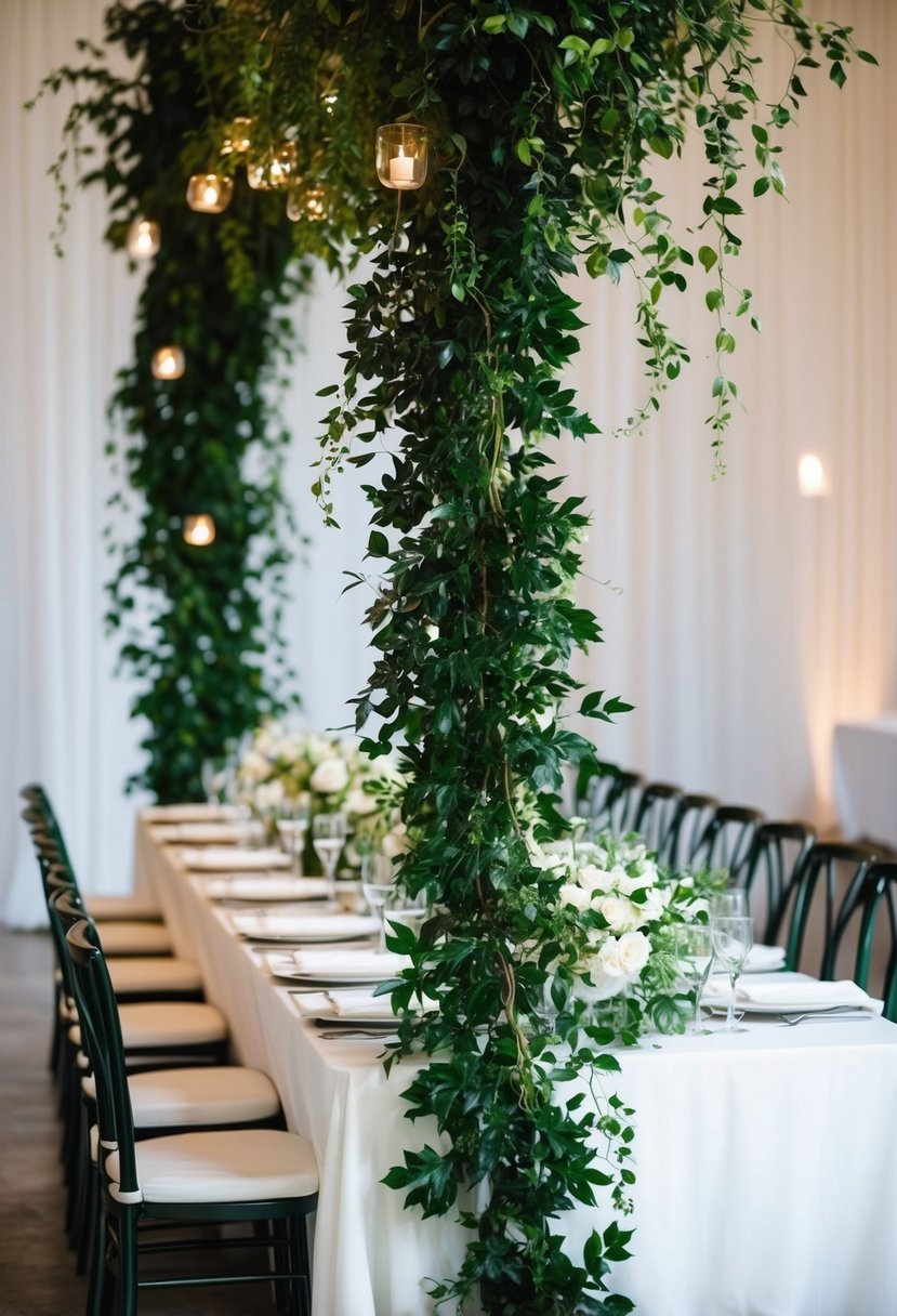 Lush dark green vines elegantly drape across a wedding table, creating a unique and natural decoration