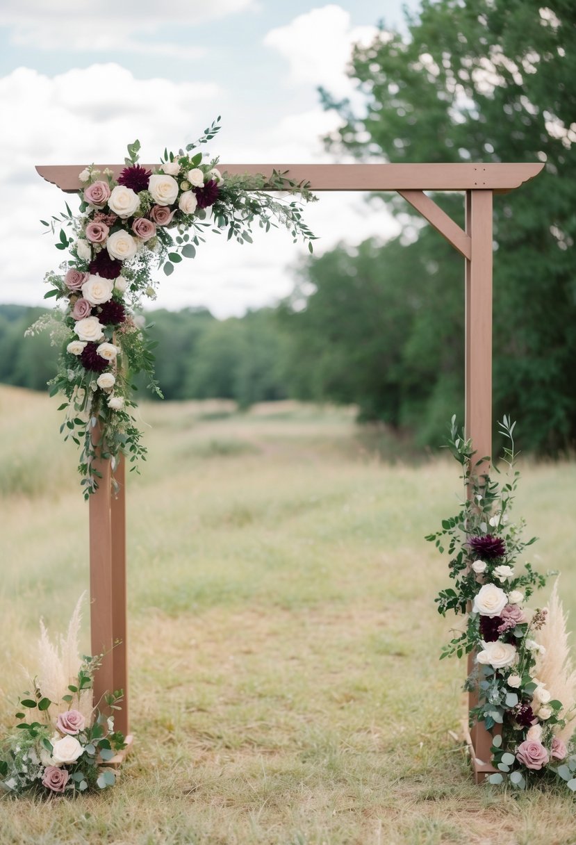 A rustic mauve and tan wedding arch adorned with flowers and greenery, set against a natural outdoor backdrop