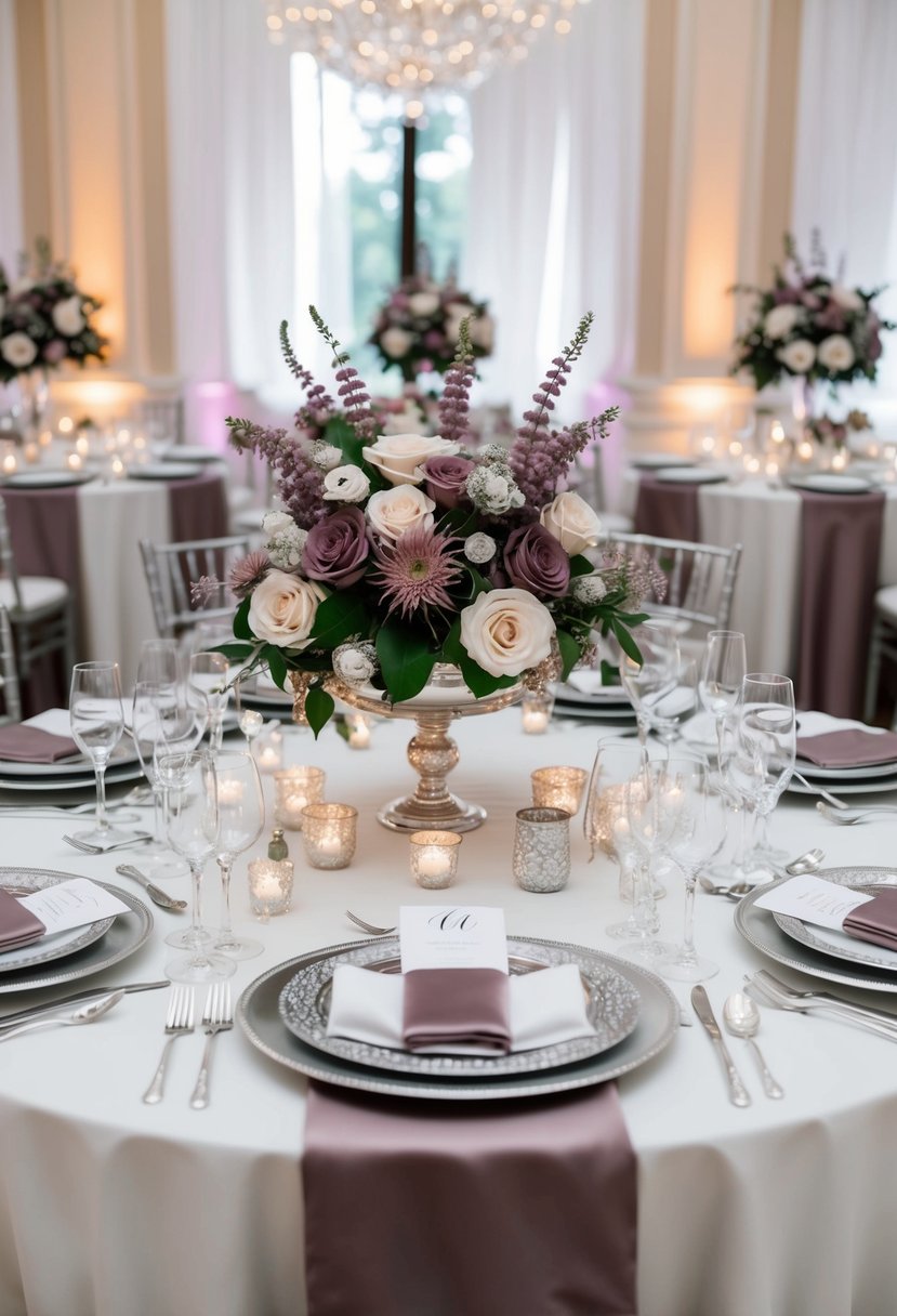 A lavish wedding table adorned with mauve and silver accents, featuring elegant floral arrangements and sparkling tableware