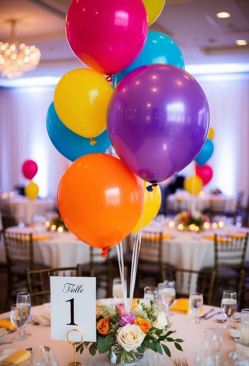 Colorful balloons mark each table number, adding a festive touch to the wedding reception decor