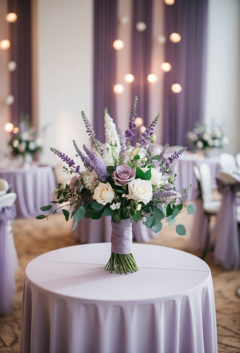 A serene wedding scene with mauve and lavender decor, soft lighting, and delicate floral arrangements