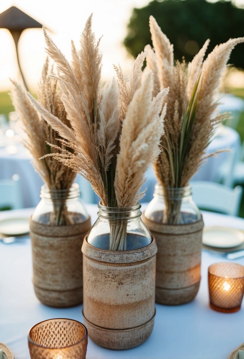 Rustic jars filled with pampas grass arranged on a wedding table