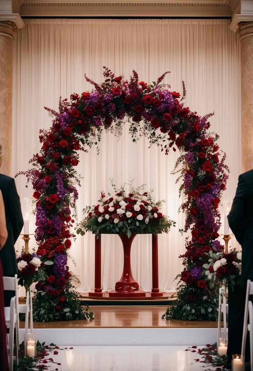 A blood red and purple floral archway frames a wedding altar