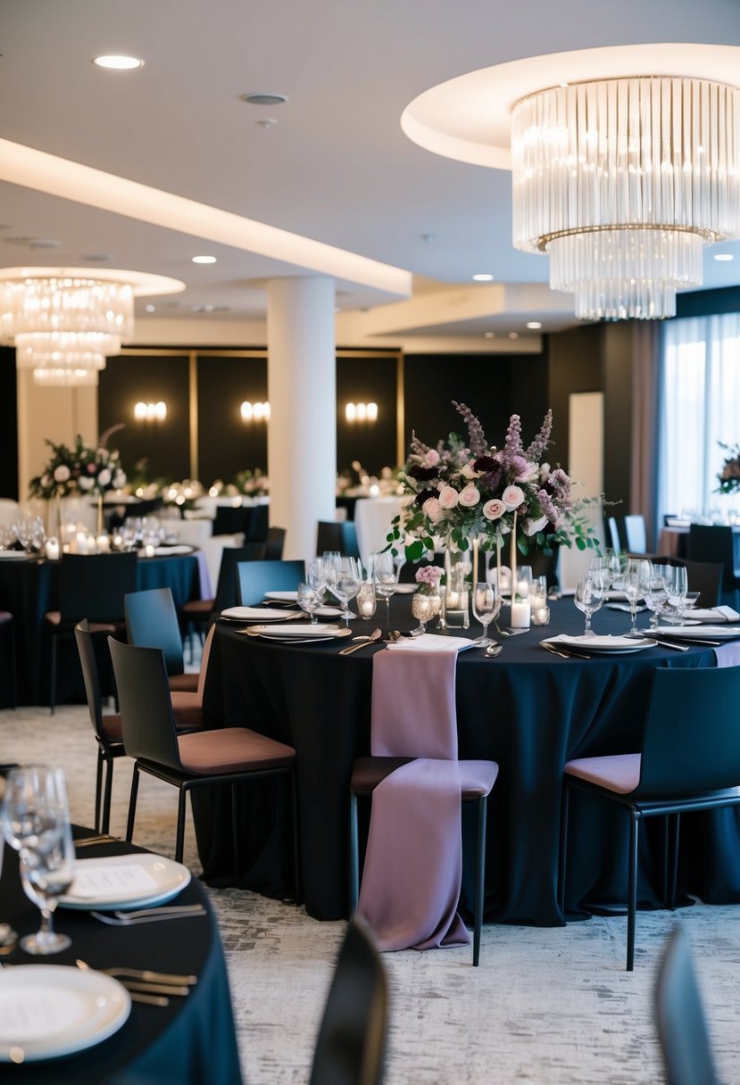 A modern wedding venue decorated in shades of mauve and black with elegant floral arrangements and sleek, minimalist decor