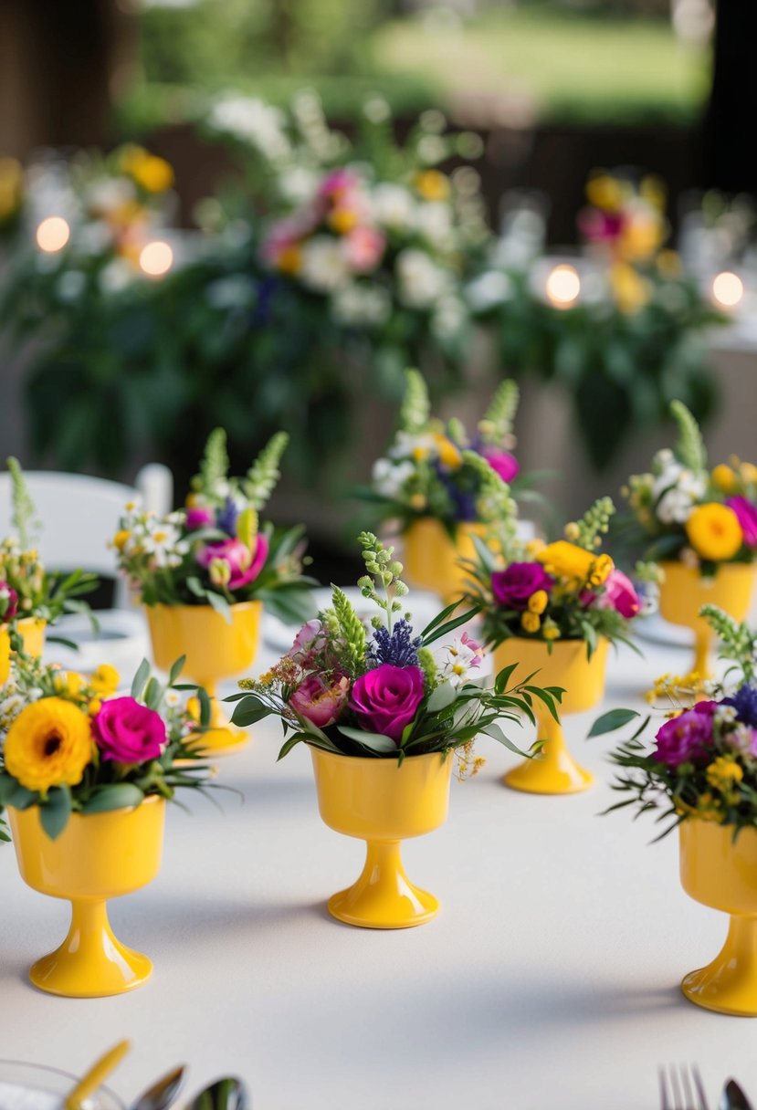 Mini compotes arranged in clusters on a table, filled with colorful flowers and greenery, creating a unique and elegant wedding decoration