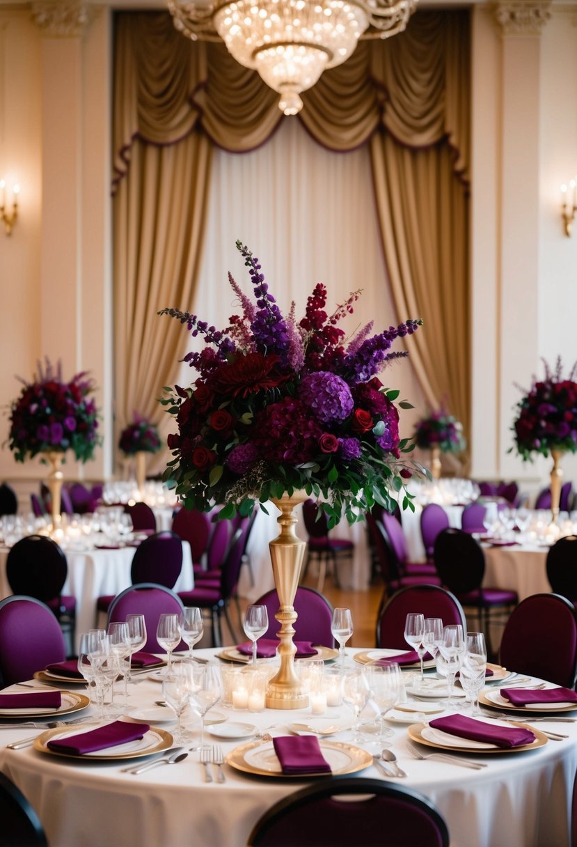 A grand banquet hall adorned with deep purple and rich red floral arrangements, elegant drapery, and opulent table settings