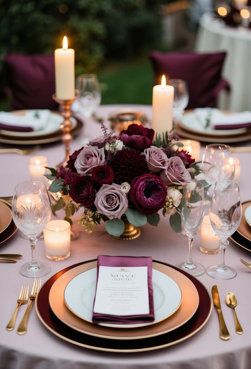 A romantic wedding table setting with mauve and burgundy floral centerpieces, elegant tableware, and soft candlelight