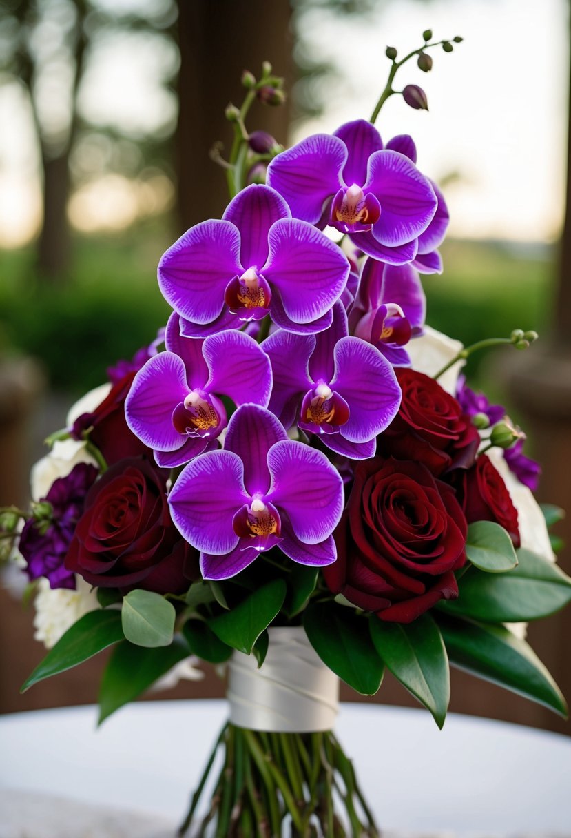 Deep purple orchids and crimson roses intertwining in a wedding bouquet