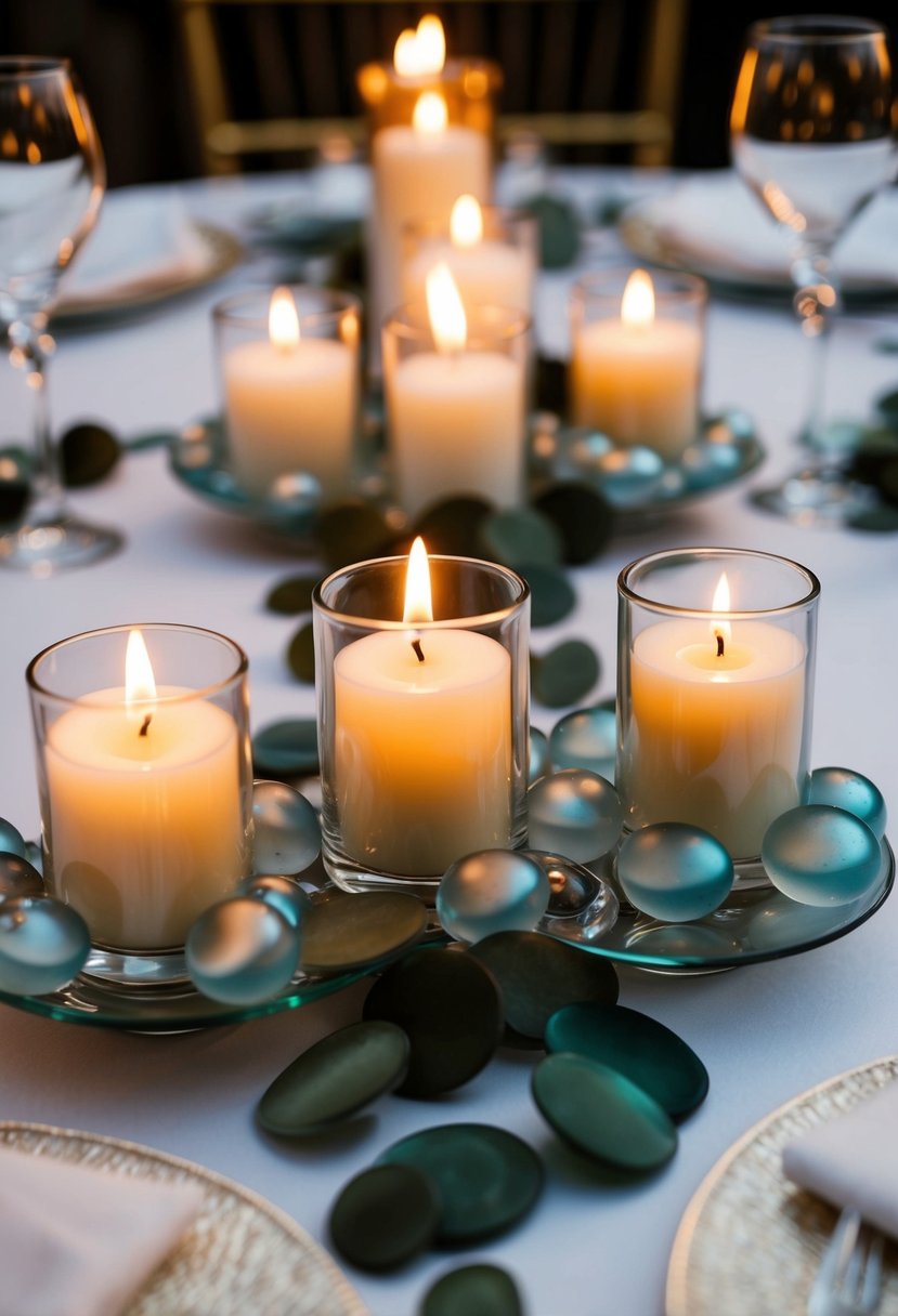 Votive candles surrounded by flat glass marbles on a wedding table centerpiece