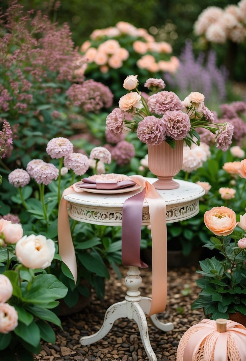 A whimsical garden with mauve and peach flowers, a flowing mauve and peach ribbon, and a vintage wooden table adorned with mauve and peach decor