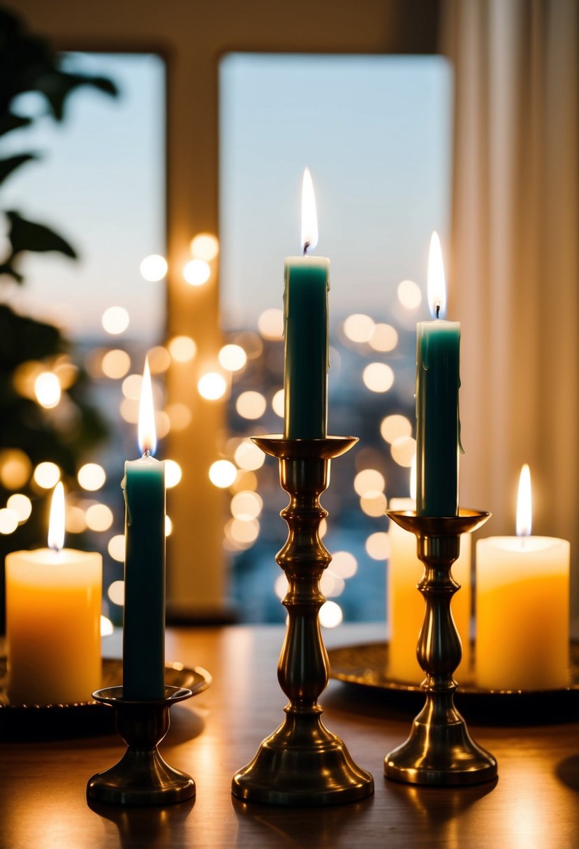 Three candles of different heights arranged on a table, casting warm light on the surrounding decor