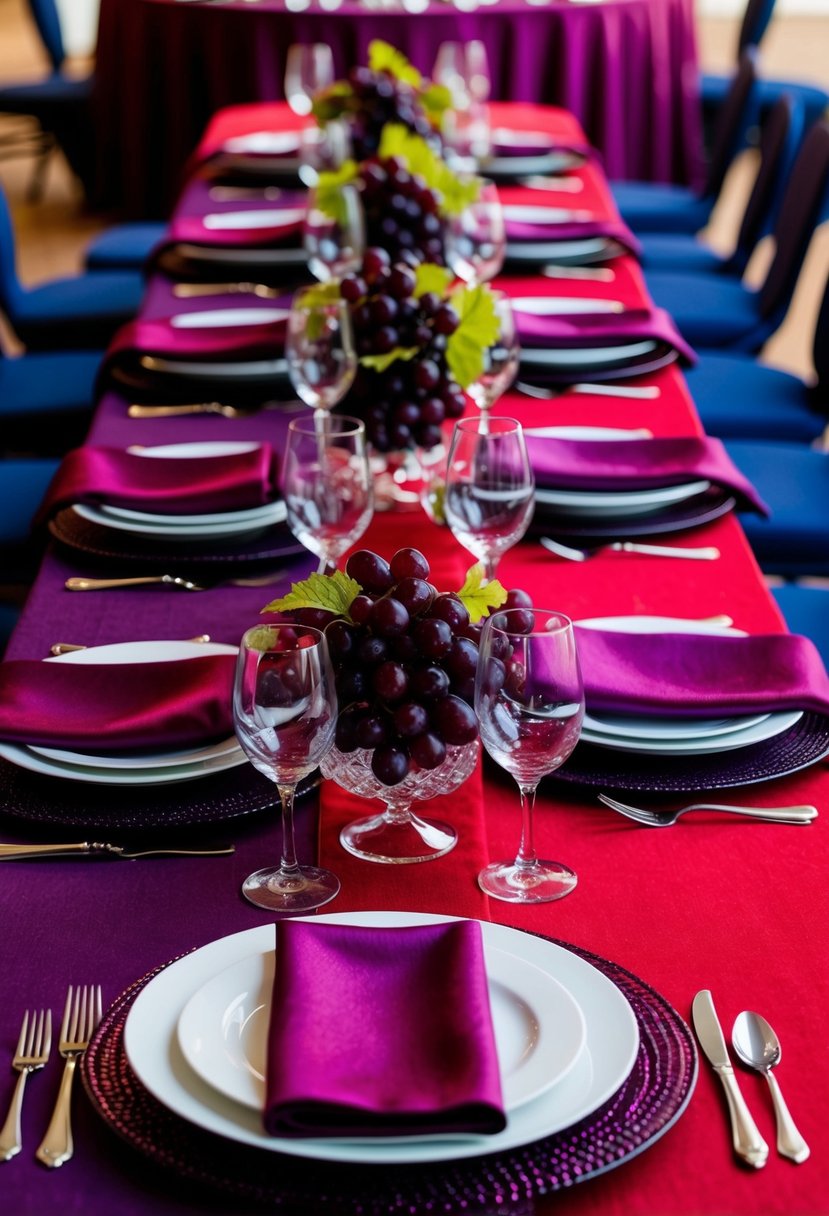 A table set with deep red and purple tablecloths, vibrant grape and cherry centerpieces, and matching dinnerware