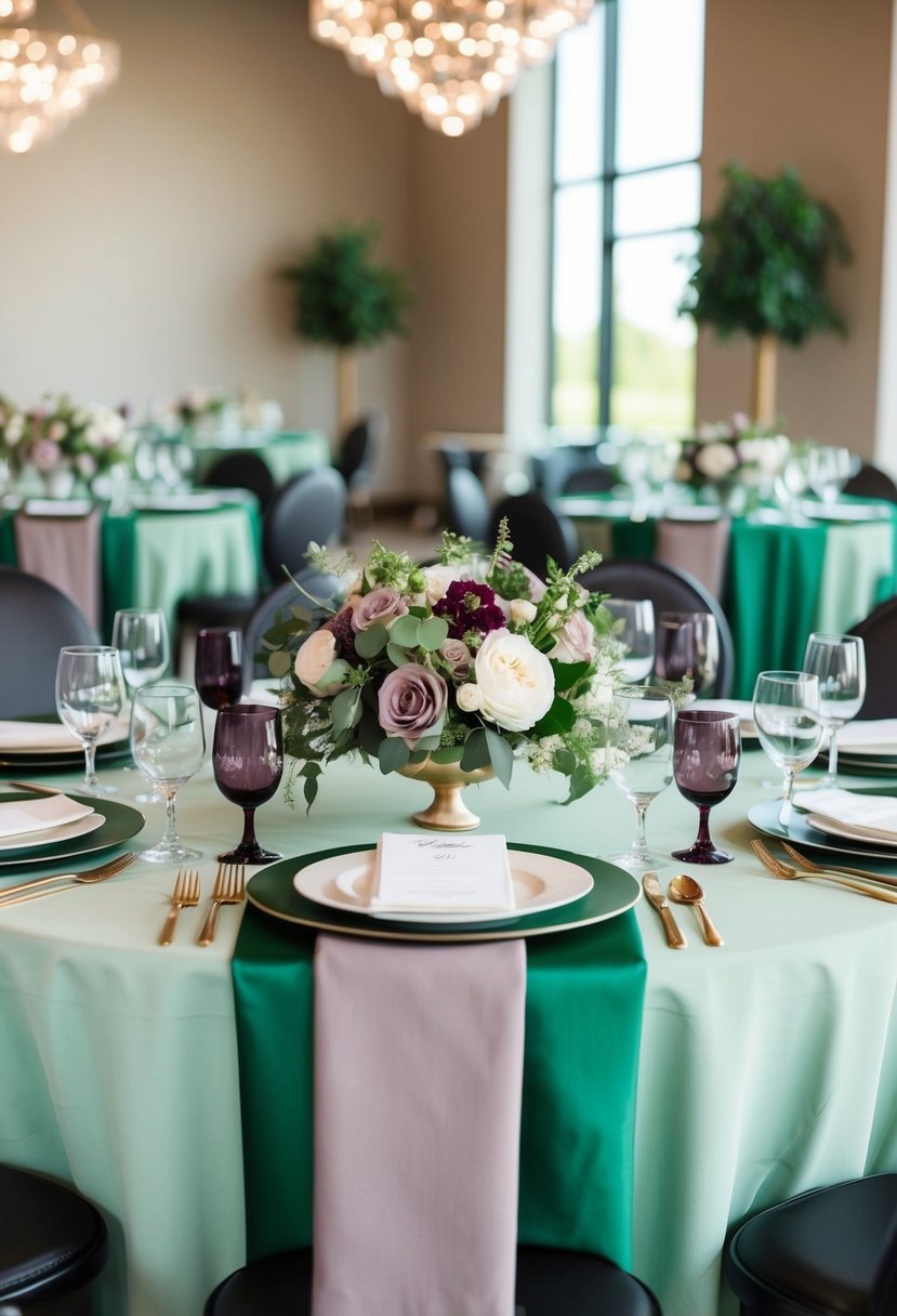 A chic wedding table setting with mauve and green color scheme, featuring elegant floral centerpieces and coordinating table linens