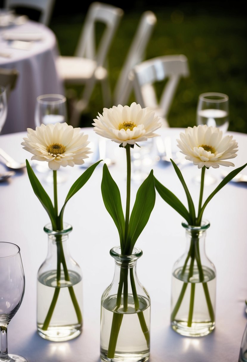 Three short bud vases each holding a single bloom, arranged on a wedding table