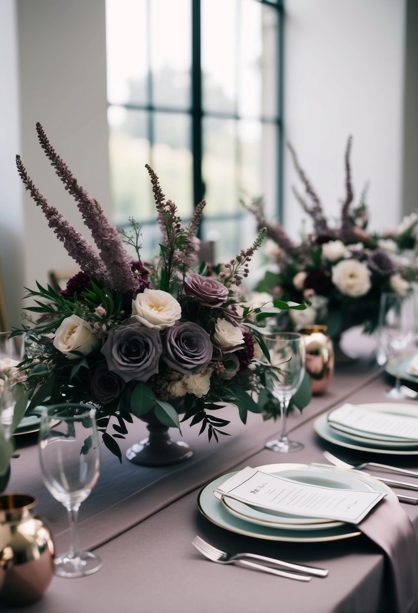 A moody mauve and plum wedding scene with floral arrangements, table settings, and elegant decor