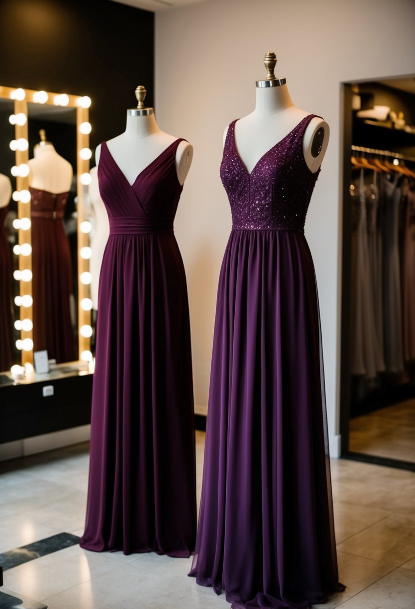 Two mannequins wearing burgundy and amethyst bridesmaid dresses in a dimly lit bridal boutique