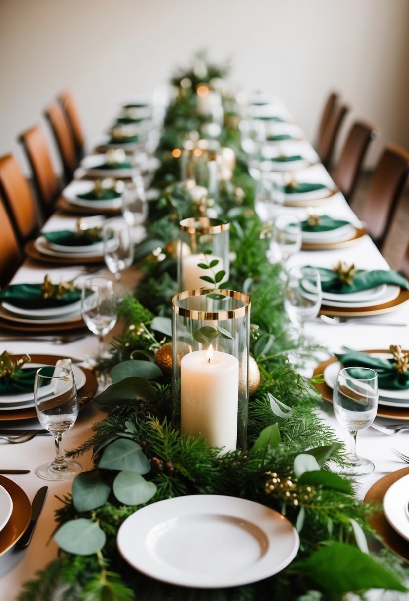 A table adorned with lush greenery runners and unique accents