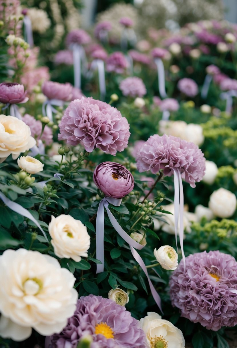 A garden filled with blooming mauve and cream flowers, with delicate ribbons and decorations in the same color scheme