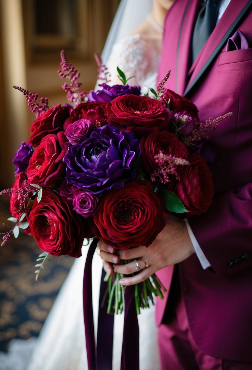 Blood red and purple velvet bouquets intertwined with ruby red flowers, creating a rich and luxurious wedding color palette