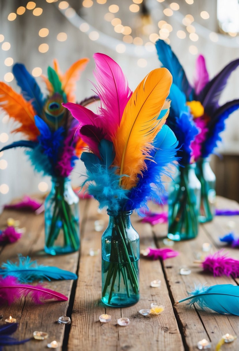 A colorful array of feathers arranged in glass vases, scattered on a rustic wooden table for a whimsical wedding centerpiece