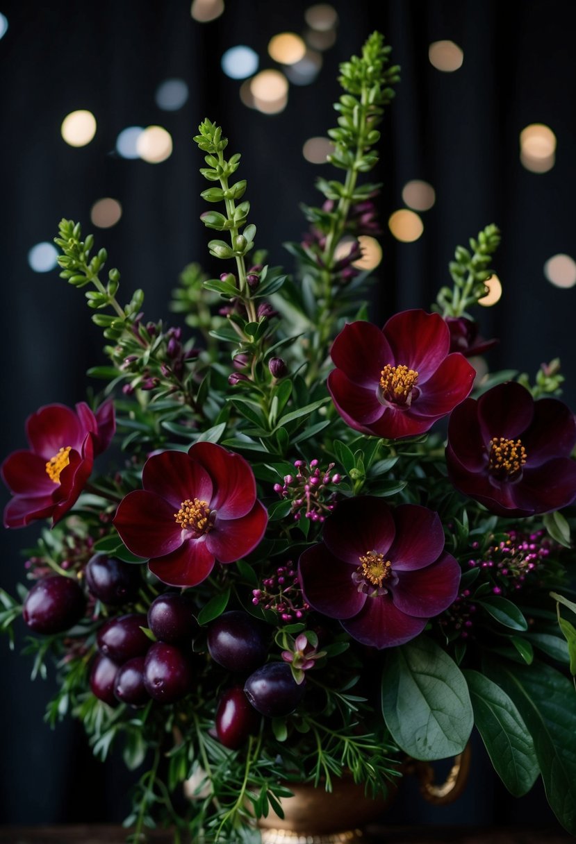 Blood red and plum flowers intertwined with rich greenery, set against a dark backdrop