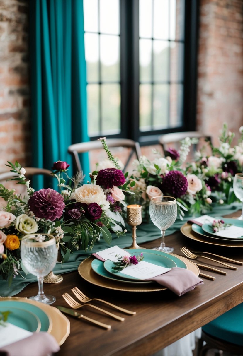 A bohemian wedding table with mauve and teal accents, featuring floral centerpieces and vintage-inspired decor