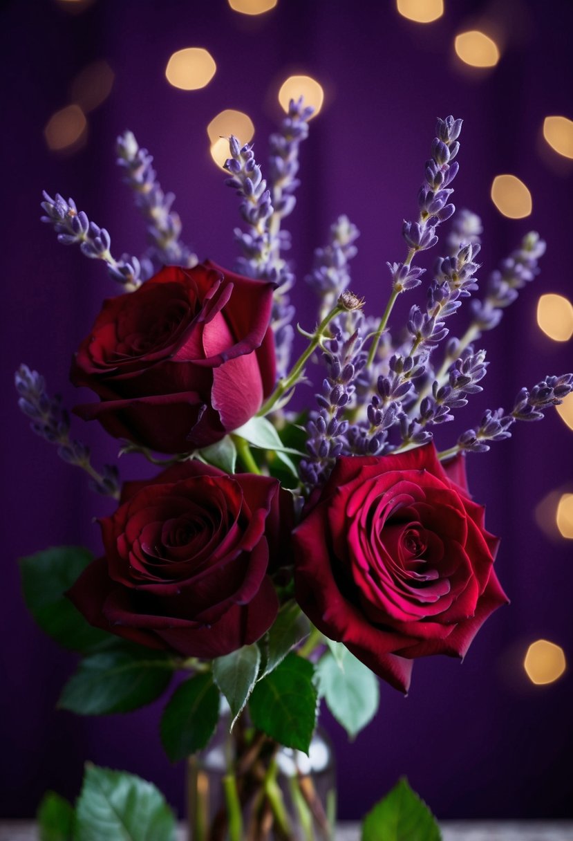 Blood red roses intertwined with lavender sprigs, set against a deep purple backdrop