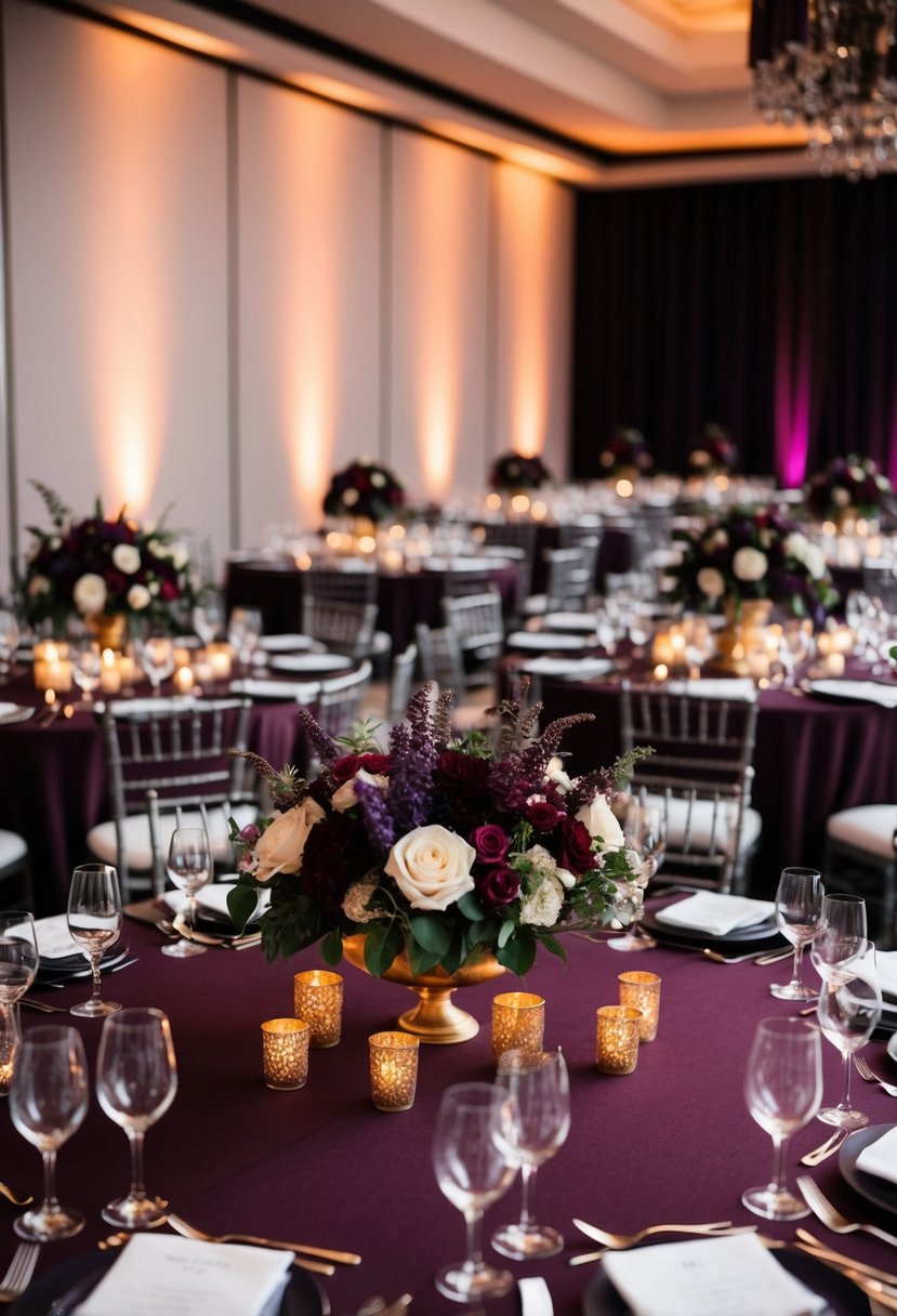 Bold eggplant and garnet centerpieces adorn the wedding tables, creating a rich and dramatic color scheme