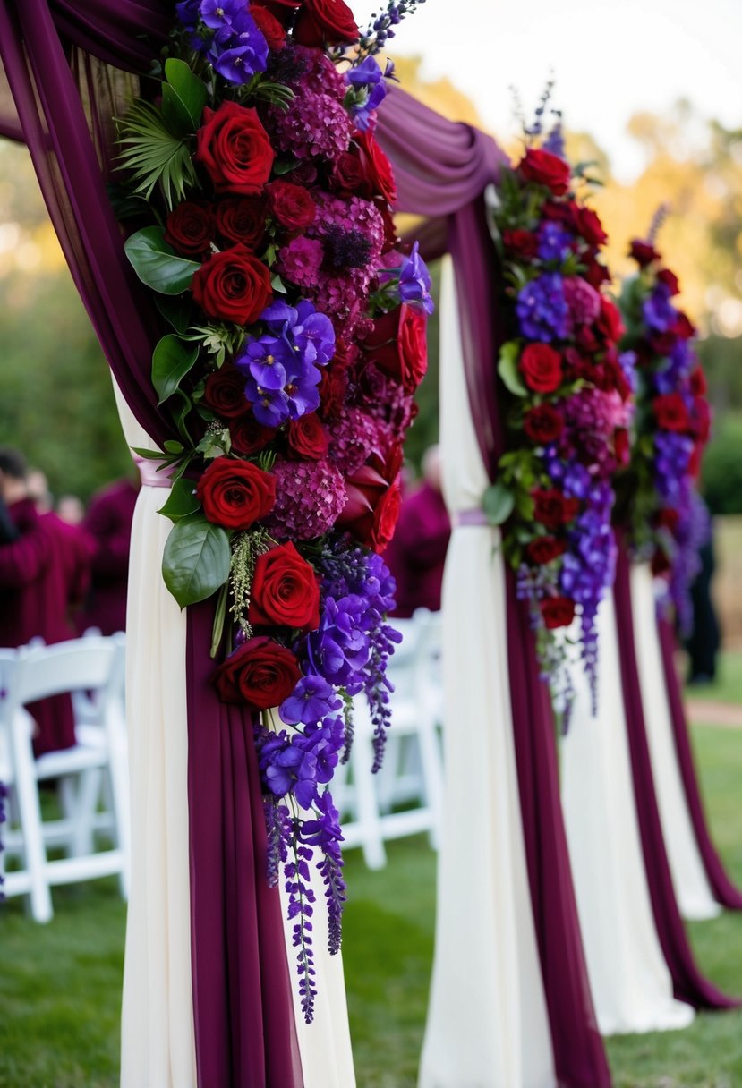 Blood red and violet floral arrangements adorn a wedding ceremony, with wine-colored drapery and rich purple accents