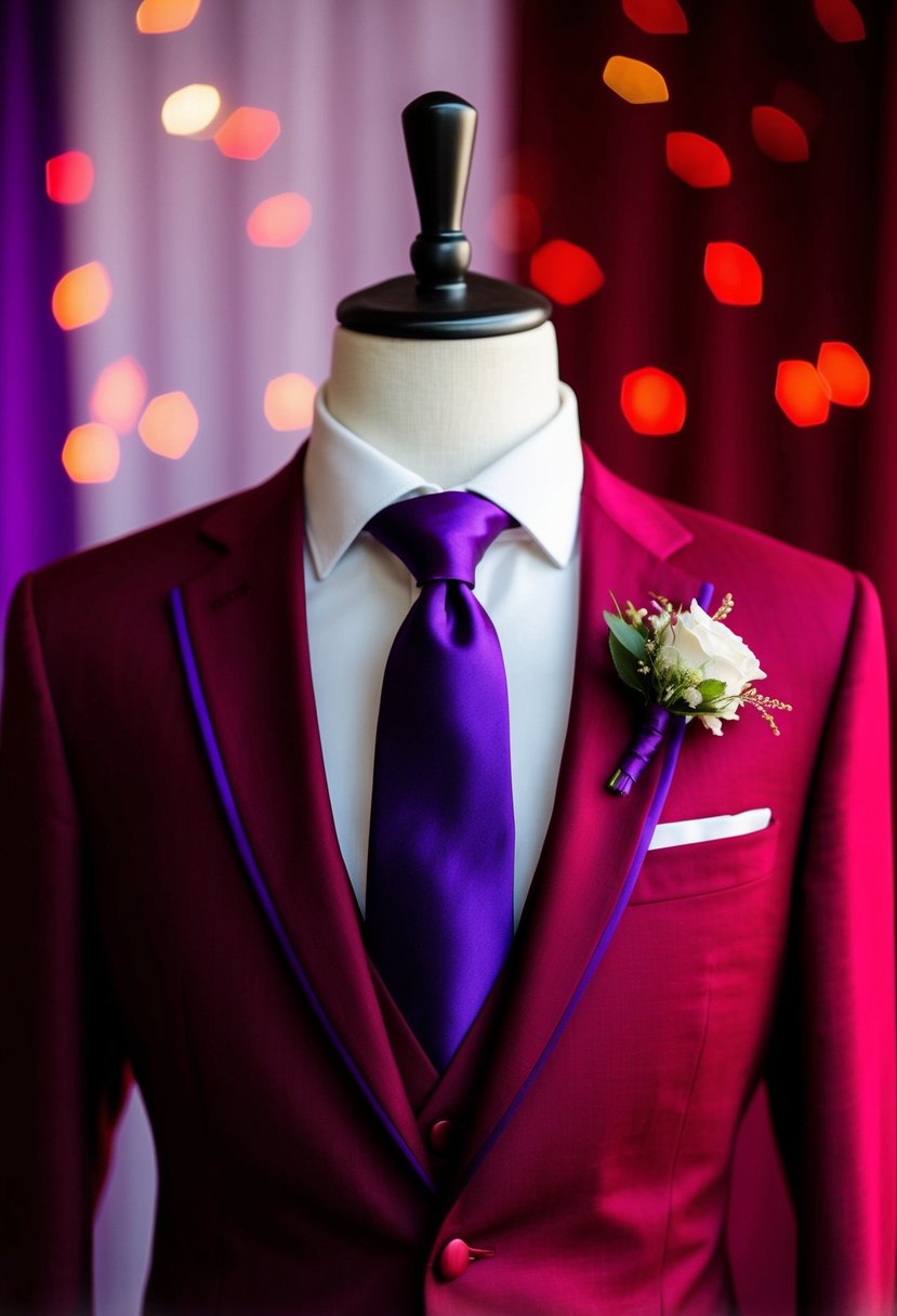 A crimson groom's suit with a purple tie against a blood red and purple backdrop