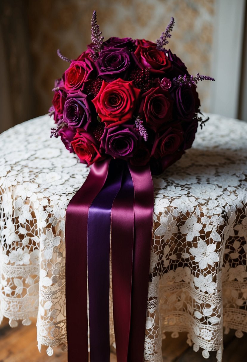 A rich, blood red and deep purple bridal bouquet with mulberry and maroon ribbons cascading over a vintage lace tablecloth