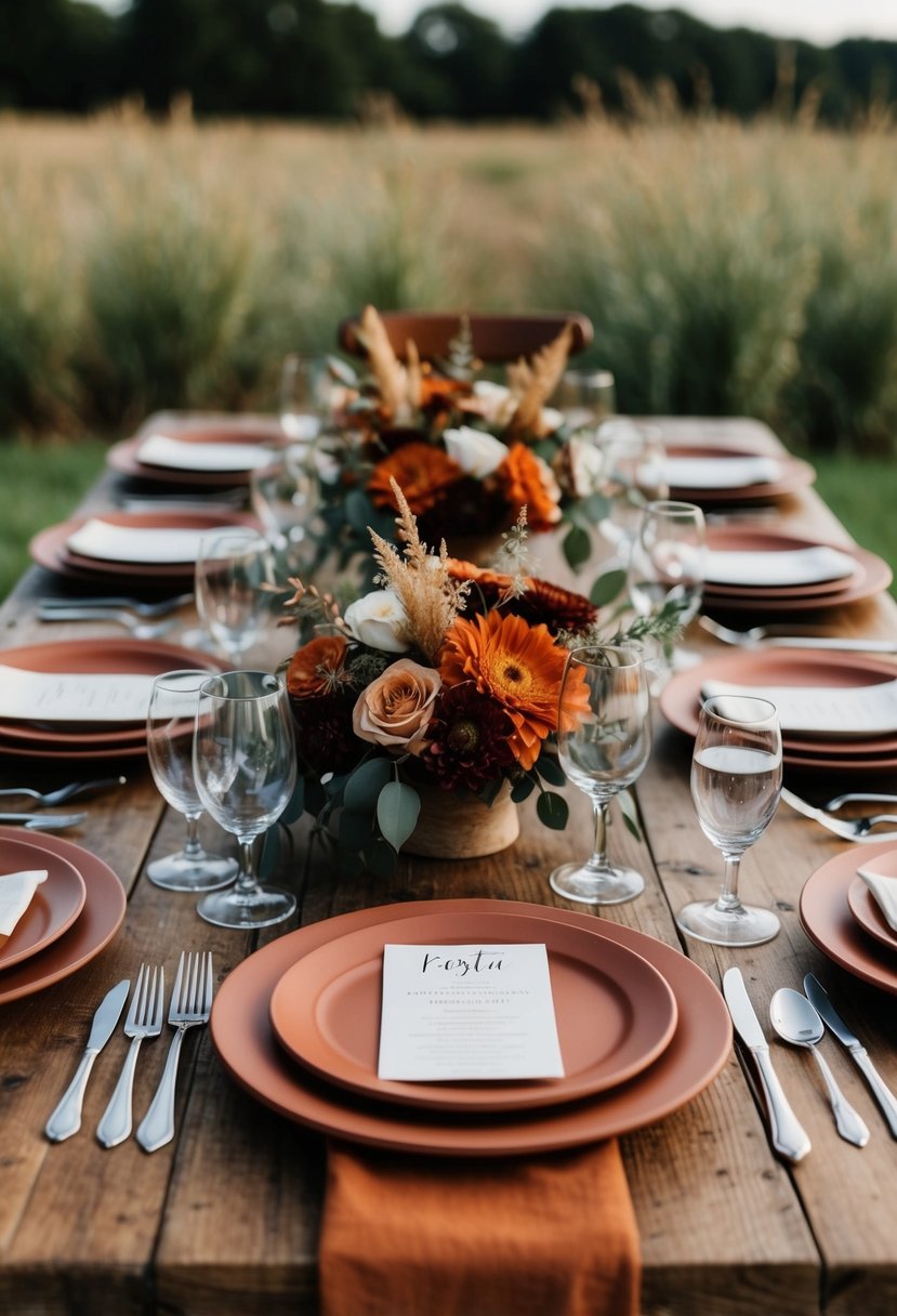 A rustic wedding table set with terracotta plates, rust orange linens, and earthy floral centerpieces