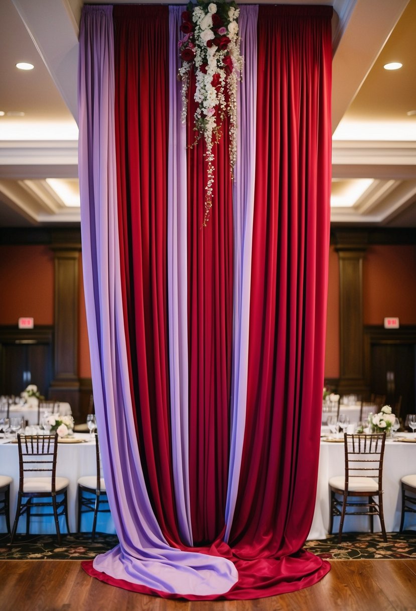 Blood red and lilac drapery cascading from the ceiling in a wine-colored reception hall