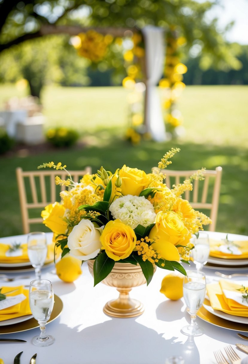 A sunny outdoor wedding with yellow flowers, lemon decor, and golden accents