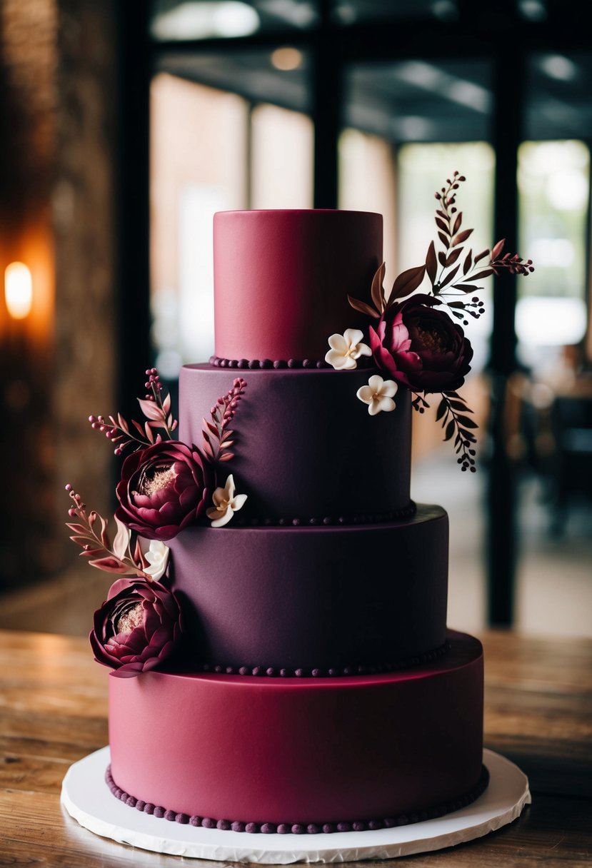 A tiered cake with deep red and aubergine fondant layers, adorned with intricate floral designs in matching colors