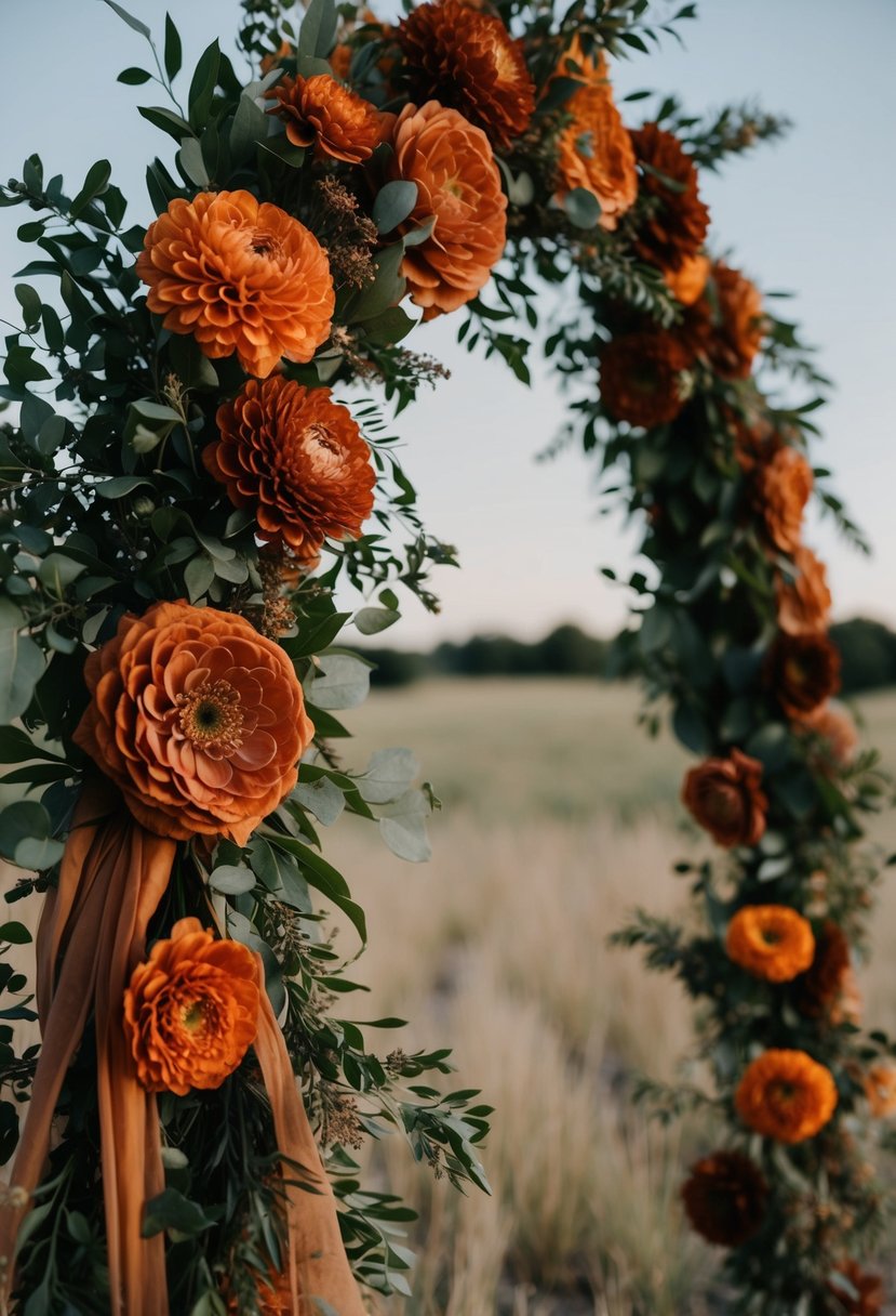 Rust orange and terracotta flowers intertwine with greenery, adorning a bohemian wedding arch