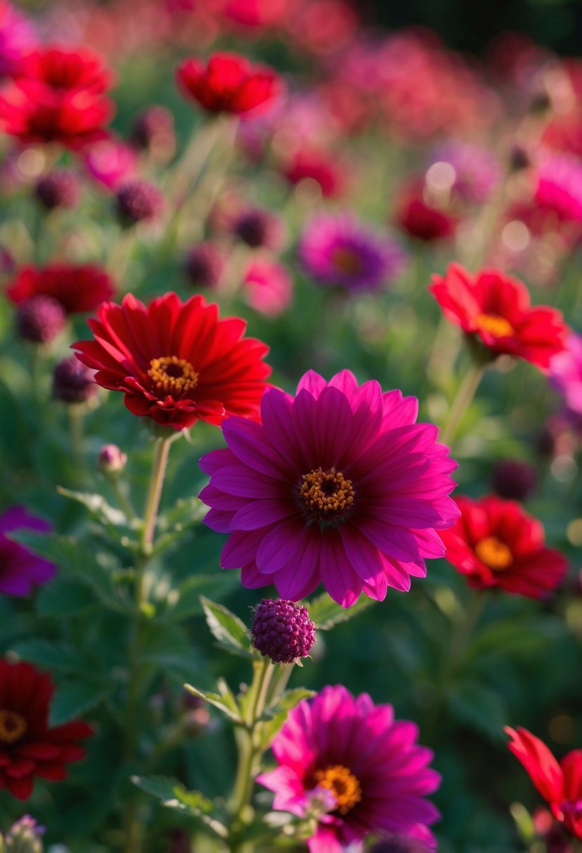 Blood red and purple flowers in fuchsia and berry lighting