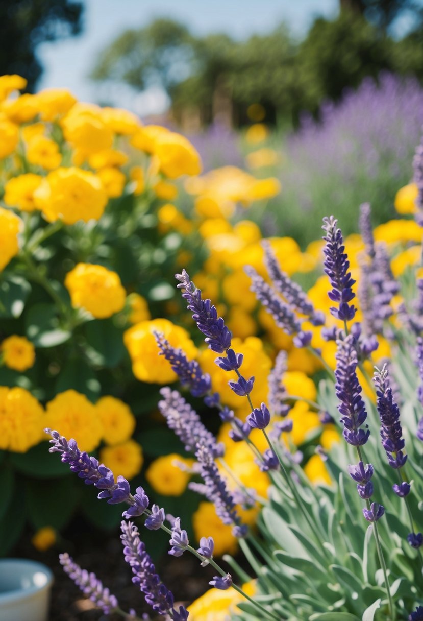 A sunny yellow garden with soft lavender flowers and decorations